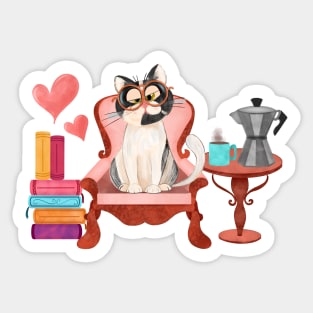 Cat, books and coffee Sticker